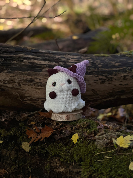 zwarte kat in spook pak met heksen hoed